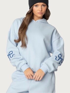 Edikted Light Blue Hoodie with Navy Sleeve Graphic